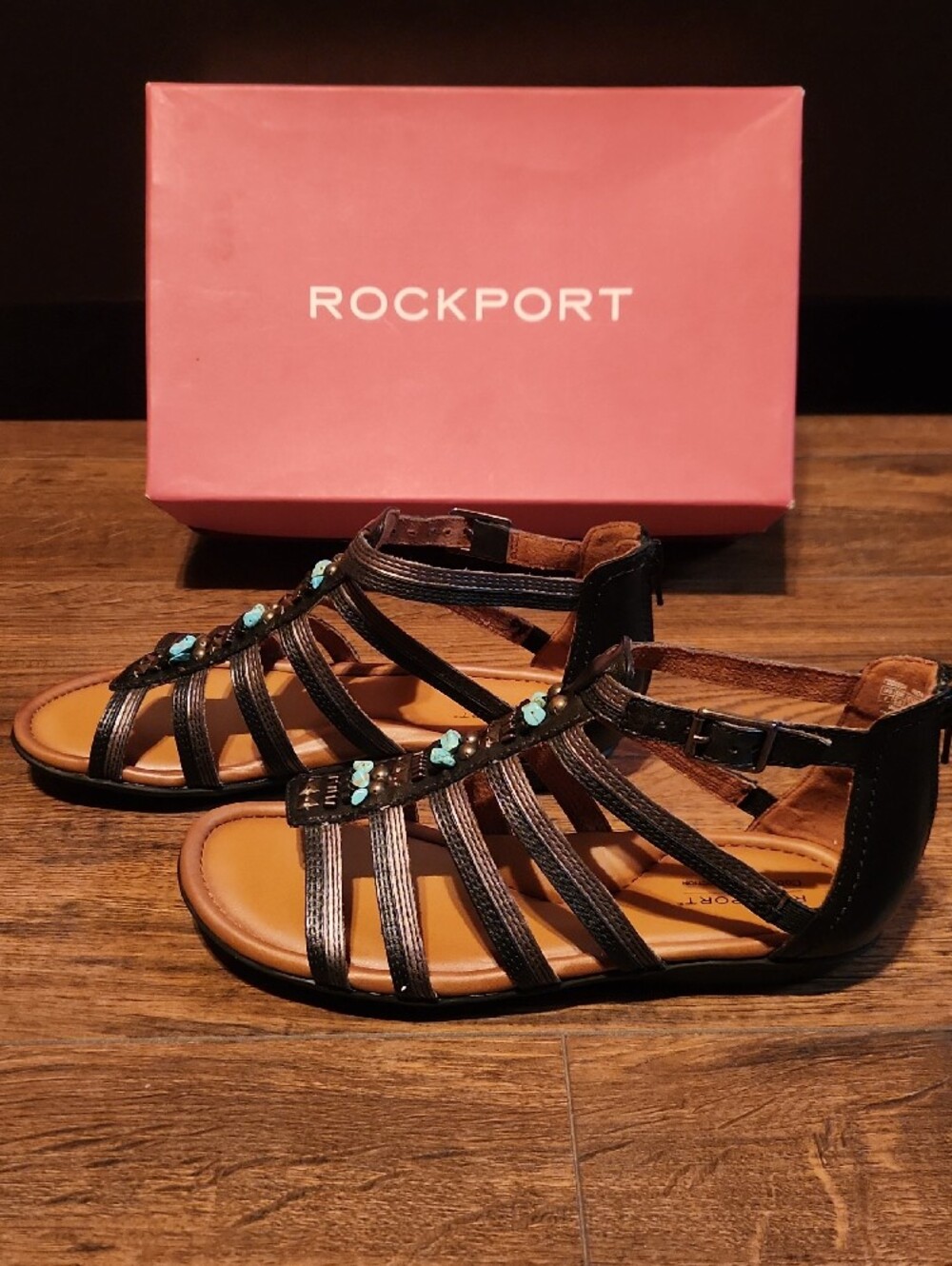 Women Rockport Black Strappy Sandals with Turquoise Accents - Picture 4 of 9